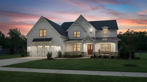 New traditional house at dusk