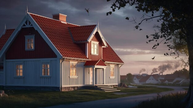 New traditional house at dusk