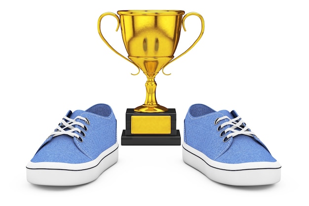 Nuove scarpe da ginnastica in denim blu senza marchio vicino al golden trophy su sfondo bianco. rendering 3d