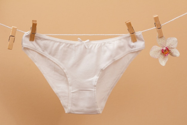 New white cotton panties on clothesline with clothespins and orchid flower in beige background. Woman underwear.