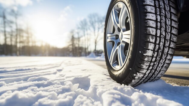 新しい冬用タイヤが冬の風景に極端にクローズアップ