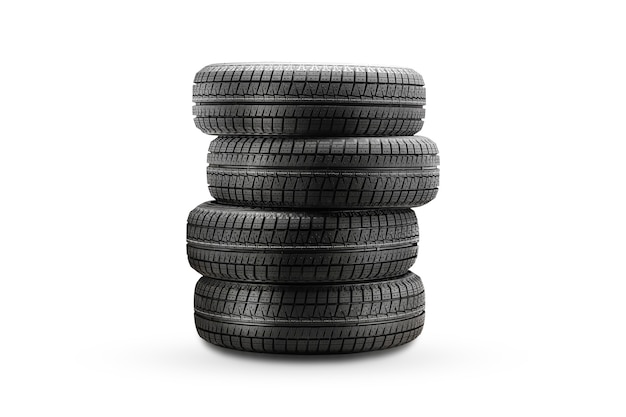 Nuovi pneumatici invernali, una pila di isolare su uno sfondo bianco