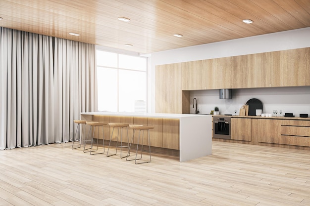 Photo new wooden kitchen interior with equipment island curtain and window with city view and daylight 3d rendering