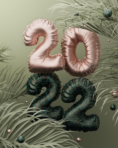 Фото Новый год 2022 3d визуализации иллюстрации. творческая тропическая сцена в зеленых, золотых и медных тонах. шаблон с пространством для текста. рождественская открытка. сообщение в социальных сетях