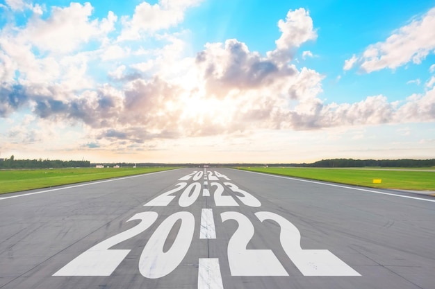 New Year 2022 Goals Concept Empty asphalt road day clouds with text 2022 2023 2024