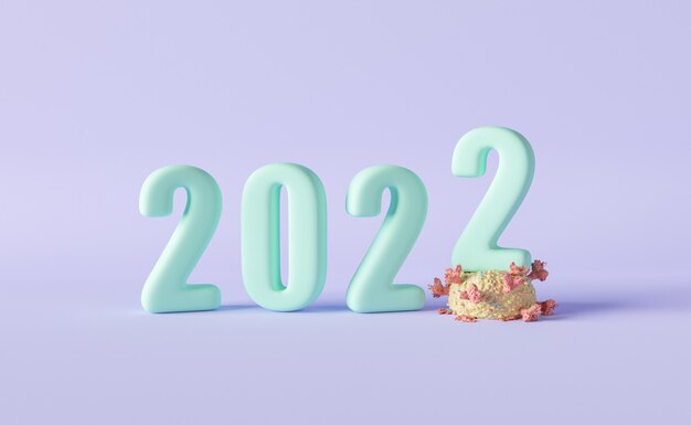 코로나바이러스를 밟는 숫자가 있는 새해 2022 기호