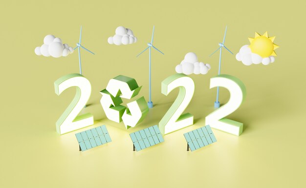 new year 2022 sign with solar panels wind turbines and recycling symbol