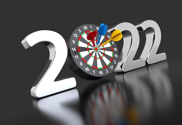 New year 2022 with darts board 3d illustration