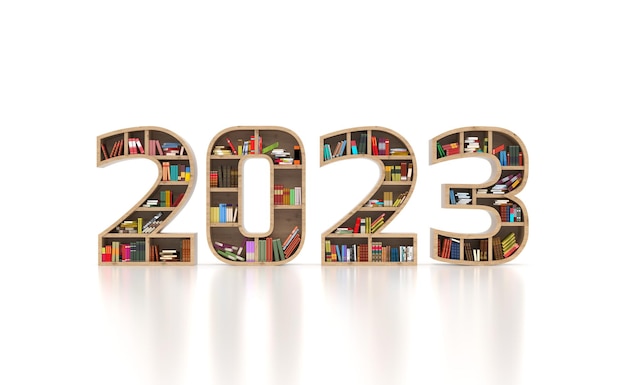 New Year 2023 Creative Design Concept with Books Shelf - 3D Rendered Image