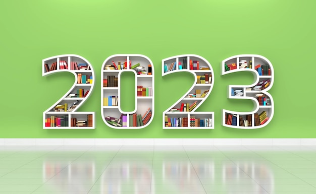 Foto nuovo anno 2023 concetto di design creativo con scaffale per libri - immagine 3d rendering