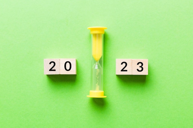 New Year 2023 sand timer Resolution time plan goal motivation reboot countdown and New Year holiday concepts Hourglass with number 2023