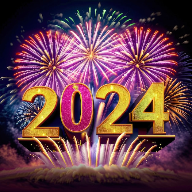 写真 新年2024年 2014年 と書かれている花火