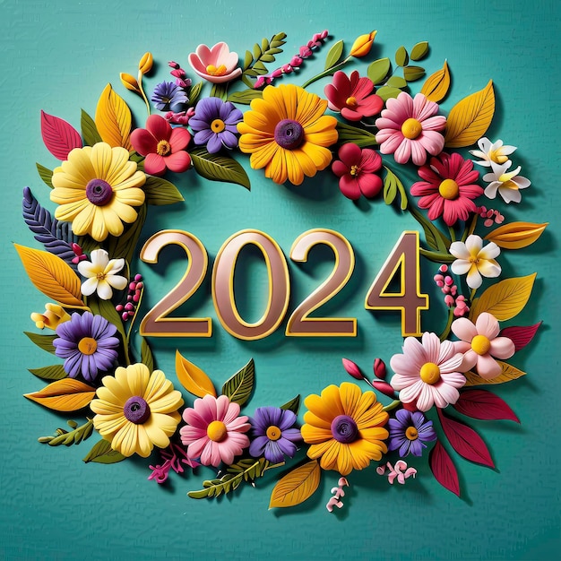 写真 新年2024の花束 中央に2024年が描かれています