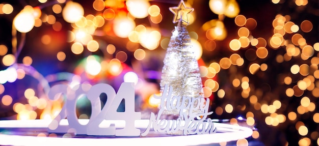 new year 2024 card Banner snowfall on a wooden