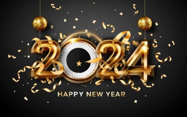 Photo new year 2024 celebrations with gold realistic metal number premium vector design for happy