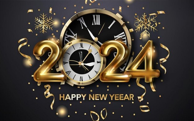Foto celebrazioni per il nuovo anno 2024 con numeri in metallo realistico d'oro premium vector design for happy