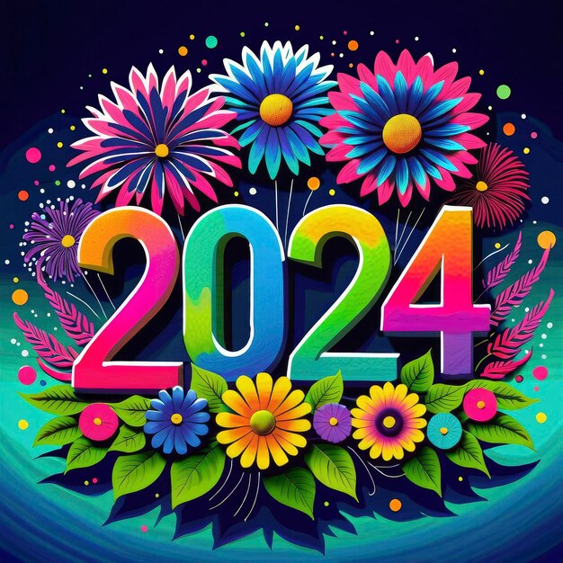 Photo new year 2024 a colorful floral design with the number 202 in the middle