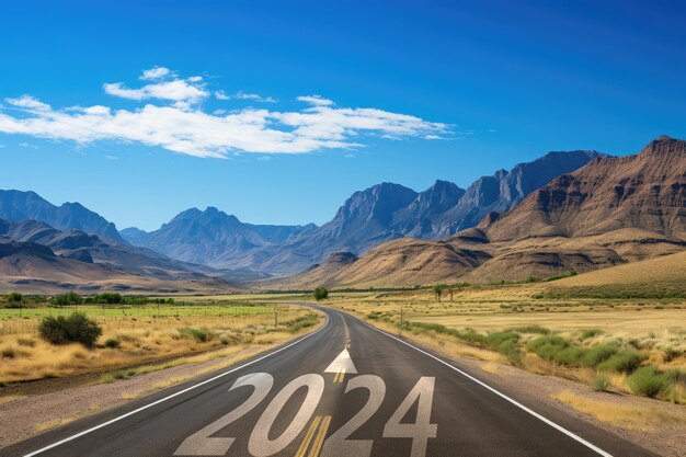 Photo new year 2024 concept highway road and beautiful nature to start the new year 2024