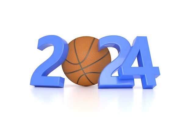 新年 2024 バスケットボール 3 D レンダリング画像を使用したクリエイティブなデザイン コンセプト