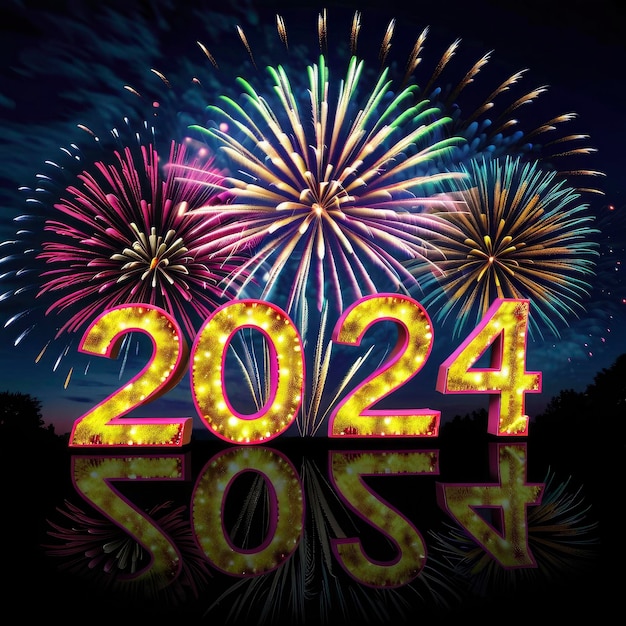 사진 2024 년 새해 불꽃놀이와 반사와 함께 2024 년을 말하는 표지판