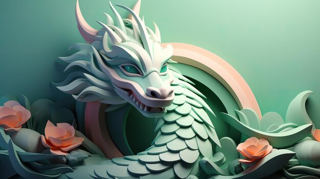 New Year 2024 Greeting Card Green Dragon Portrait Ai generative