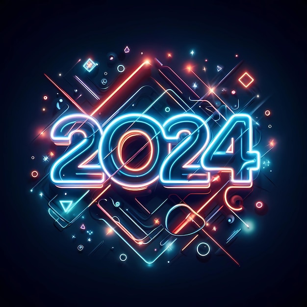 Foto concetto di illustrazione al neon del numero del nuovo anno 2024