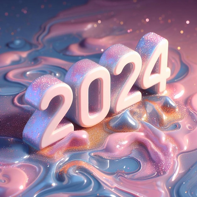 New Year 2024 numbers on a pastel liquid glitter background with glitter and light reflections generative ai illustration