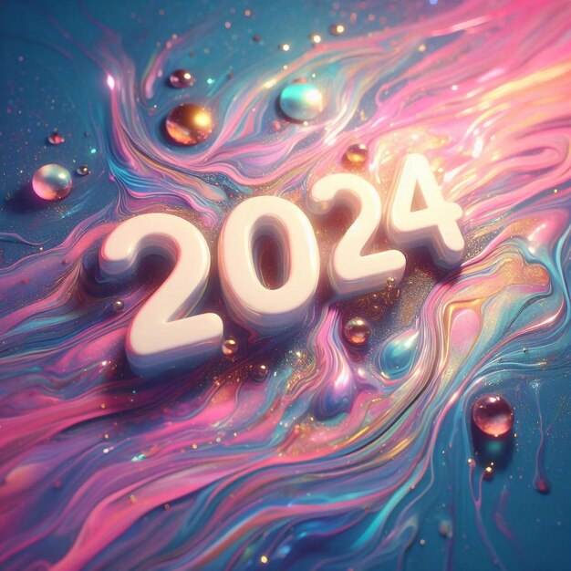 New Year 2024 numbers on a pastel liquid glitter background with glitter and light reflections generative ai illustration