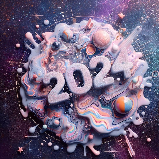 New Year 2024 numbers on a pastel liquid glitter background with glitter and light reflections generative ai illustration