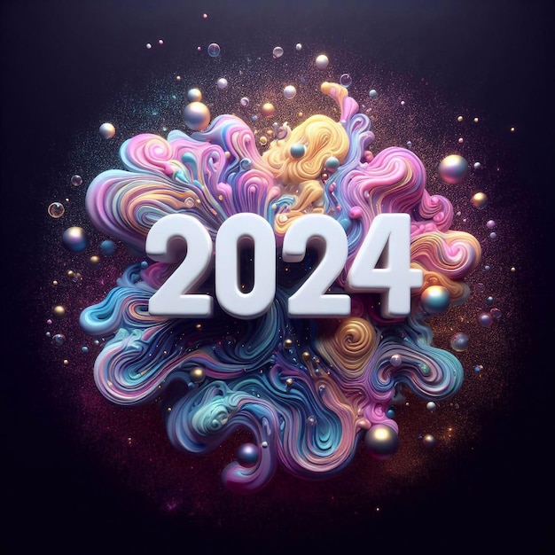 New Year 2024 numbers on a pastel liquid glitter background with glitter and light reflections generative ai illustration