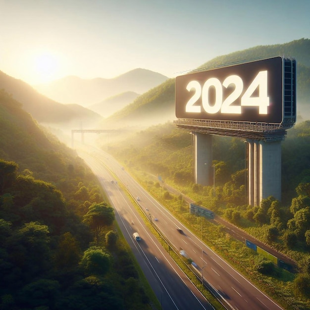 Новый год 2024 изображение шоссе посреди природы копировать космический фон генеративный ай