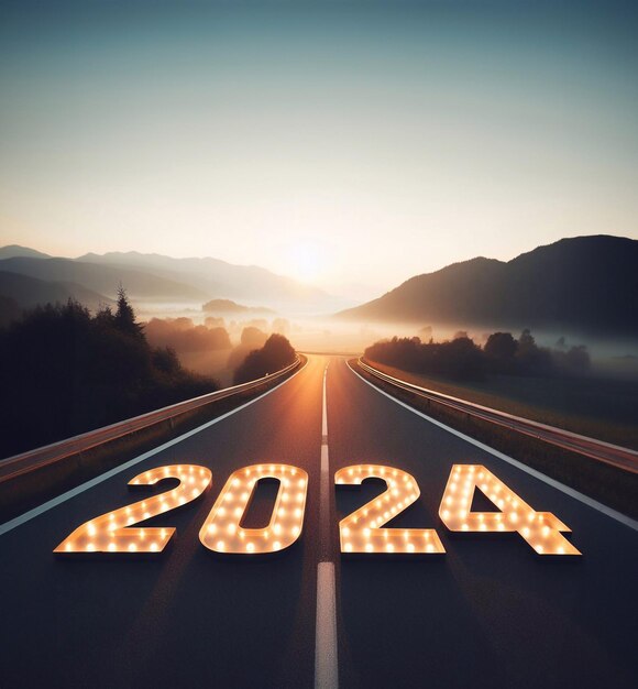 2024년 새해: 자연의 한가운데에 있는 고속도로의 그림, 복사 공간 배경, 생성 AI
