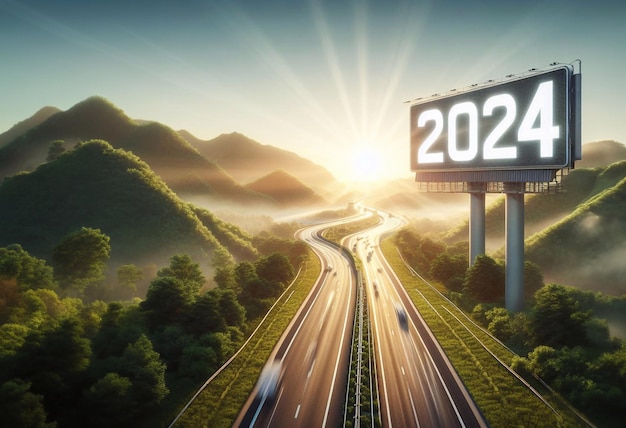 new year 2024 a picture of a highway in the middle of nature copy space background generative ai