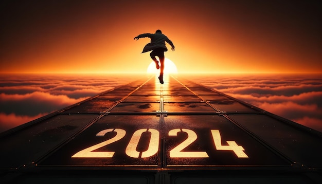 2024 年新年 2024 年への疾走 ターマックで移行期を示す孤独な人物