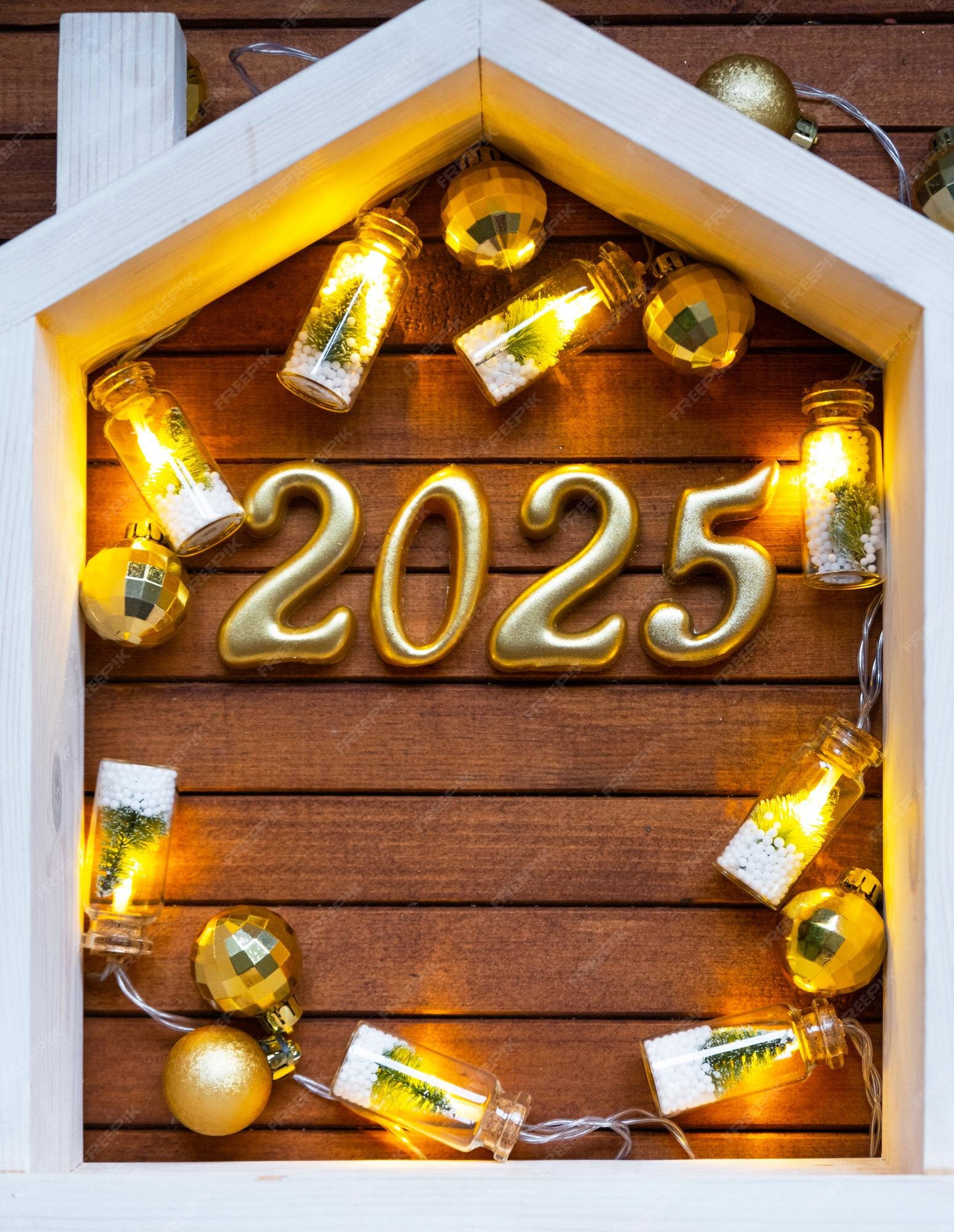 Premium Photo New year 2025 golden letters under roof house calendar