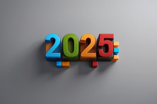 새해 2025: 회색 배경에 다채로운 다운로드 바와 함께 어두운 갈색 2025 블록을 로드합니다.