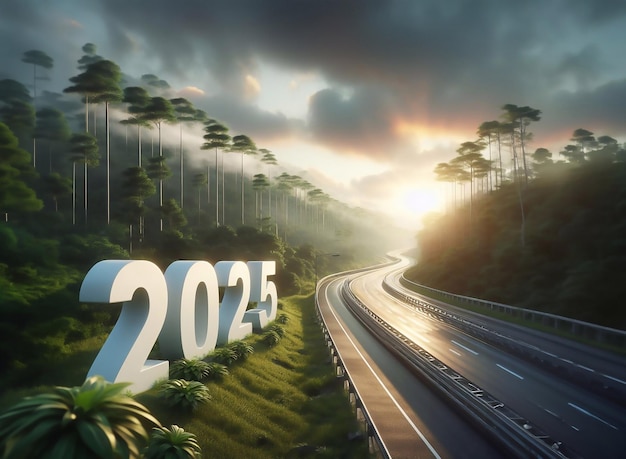 new year 2025 a picture of a highway in the middle of nature copy space background generative ai art