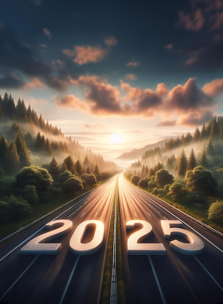 Foto nuovo anno 2025 un'immagine di un'autostrada in mezzo alla natura copiare lo spazio sfondo generativo ai arte