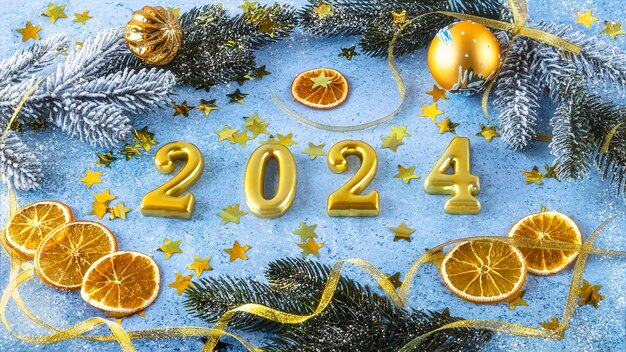 Фото Новый год и рождественский фон с золотыми цифрами 2024 и праздничным украшением