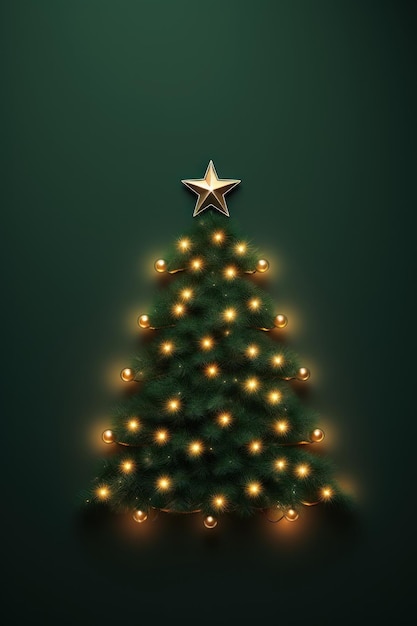 새해 배너 크리스마스 트리는 초록색 배경 위에 별이 있는 꽃받침으로 장식되어 있습니다.