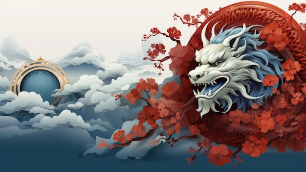 New Year banner Happy chinese new year 2024 blue dragon of asian elements with year of the dragon zodiac