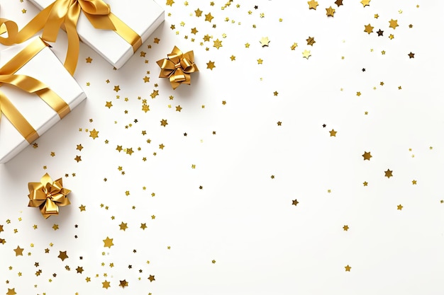 クリスマス デザインの金のギフト ボール紙吹雪と装飾を上から見た新年のバナー