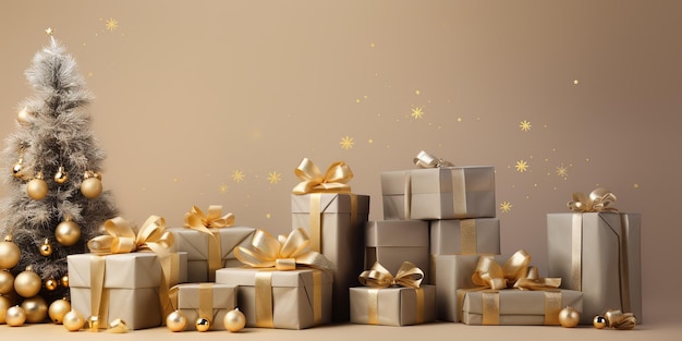 Новогодний баннер с рождественскими подарочными коробками и золотыми украшениями
