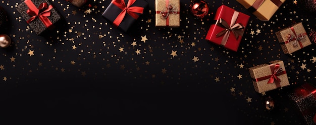 Фото Новый год баннер с рождественскими подарочными коробками ленты украшения рождественский черный фон рождественский дизайн generative ai