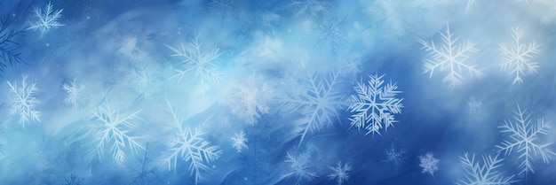 青い背景に白い雪花が落ちている新年のバナーコピースペースジェネレーティブAI