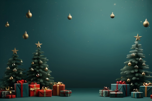 Новогодний синий фон с елкой, украшенной шарами и подарками