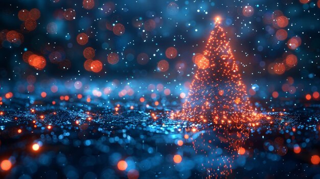 Foto carta di capodanno o poster del calendario digitale con il logo 2023 appeso sopra l'albero di natale a superficie lucidata riflettente con pixel luminosi in stile tecnologico