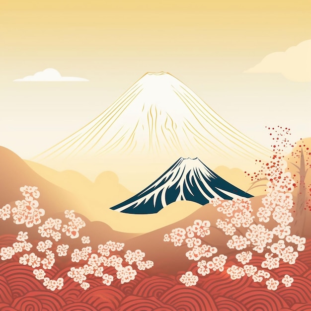 Новогодний векторный шаблон карты с горой фудзи, украшенный благоприятным японским винтажным дизайном