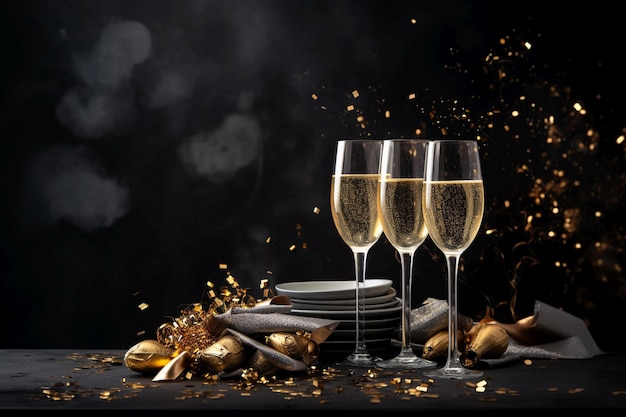 Photo new year card with golden decor fireworks champagne glasses confetti dark gray scale backgorund