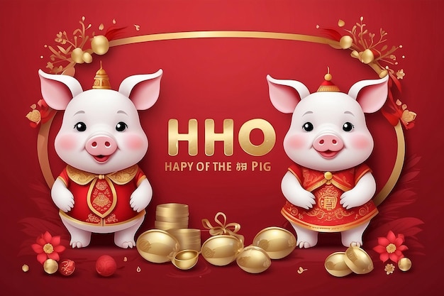 Photo new year card for year of the pig and piglet and the words hoho on the red background